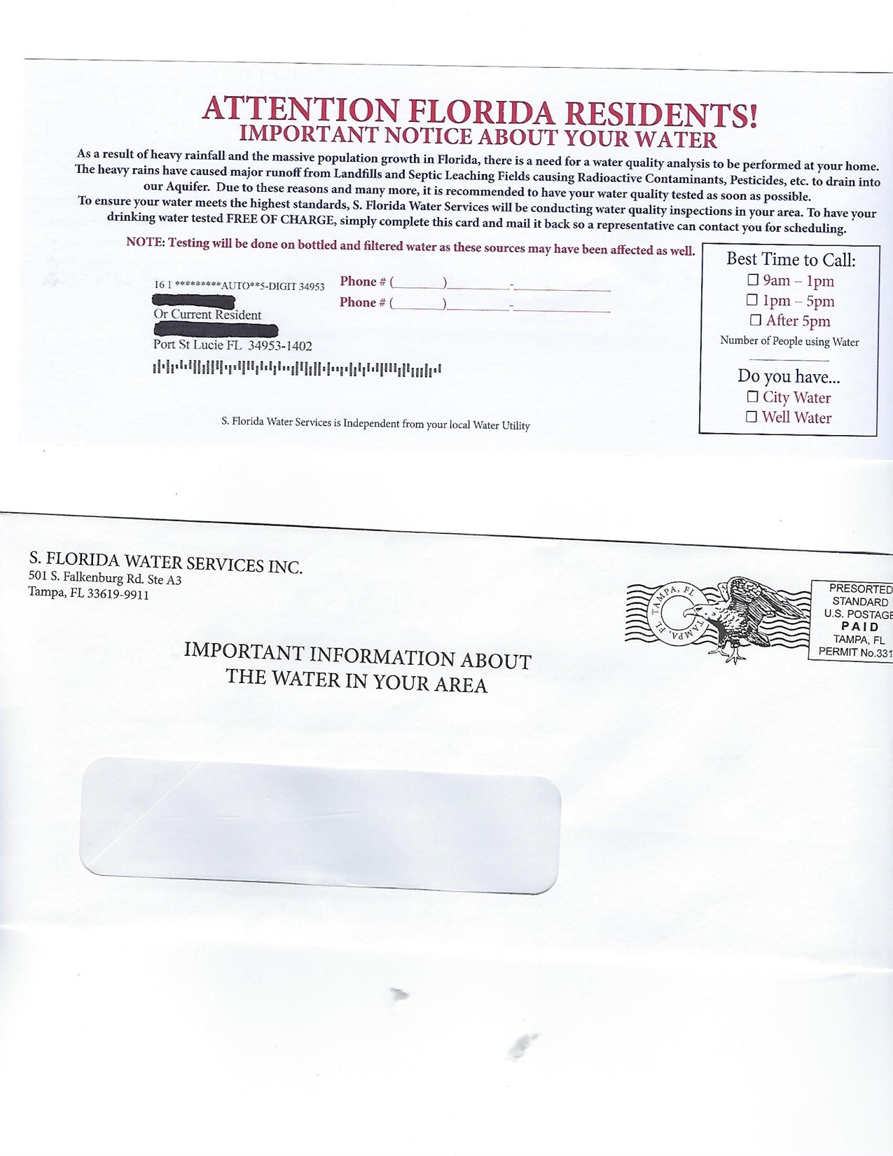 Actual letter to resident from private company questioning water quality