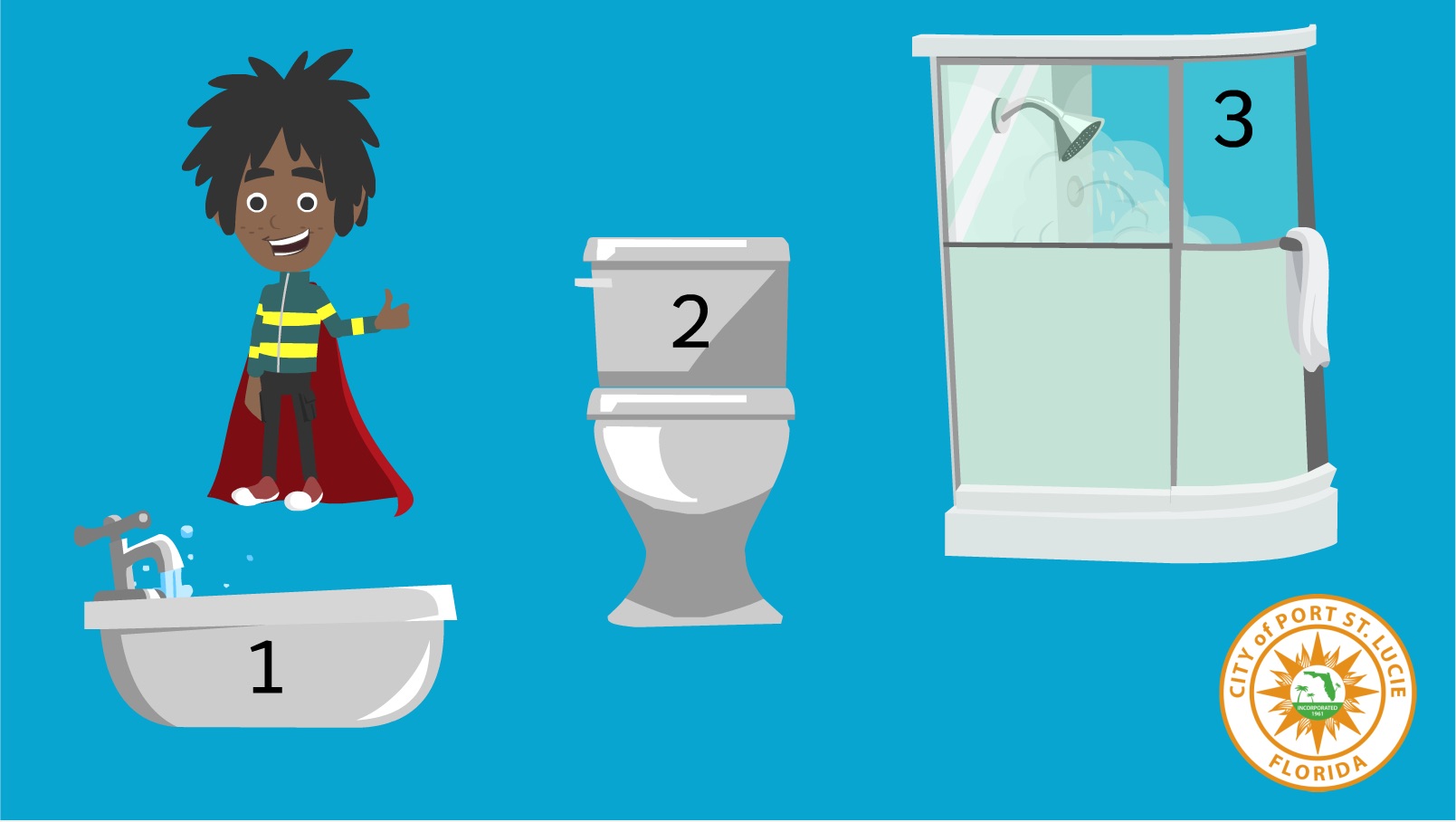 Screen shot from animation showing a kid giving thumbs up in the bathroom