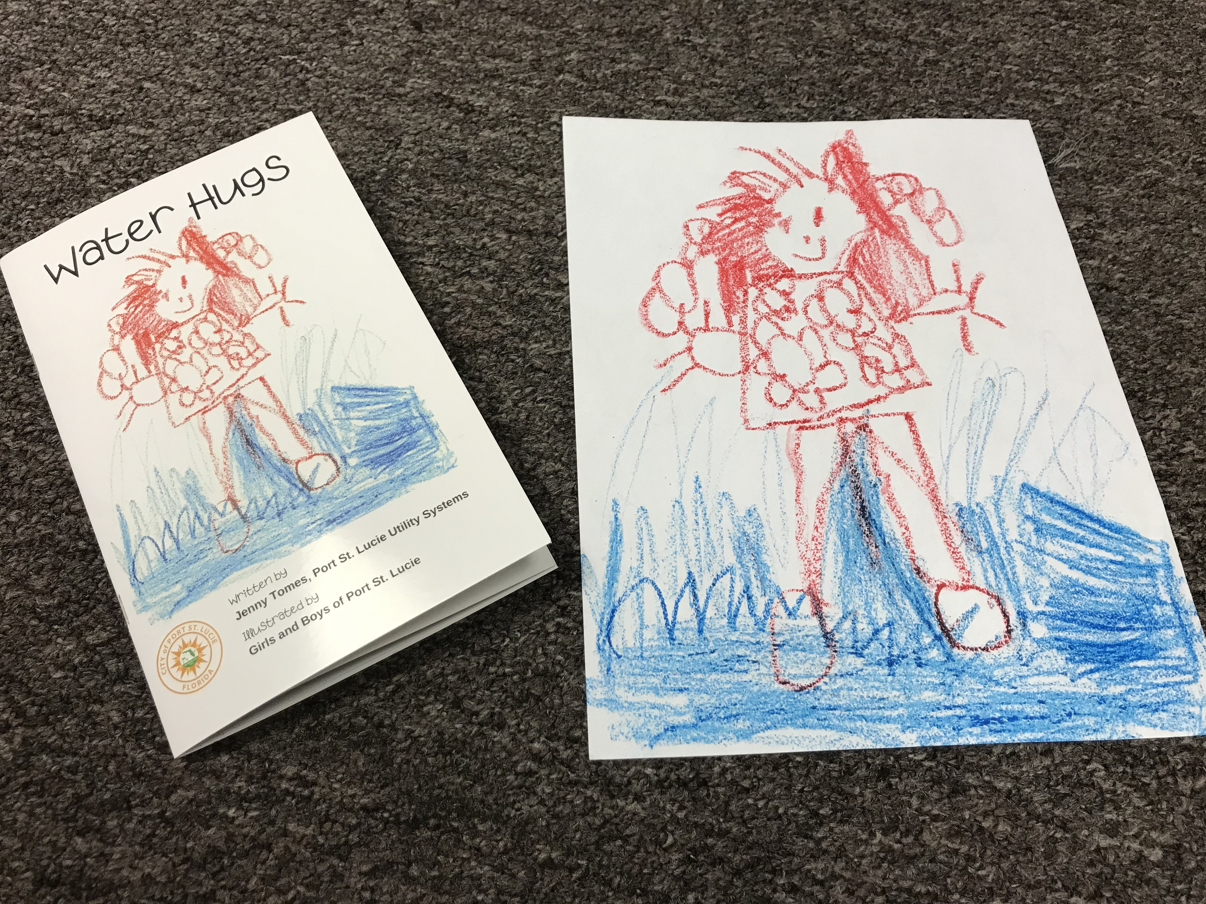 Water Hugs book shown beside original cover artwork drawing
