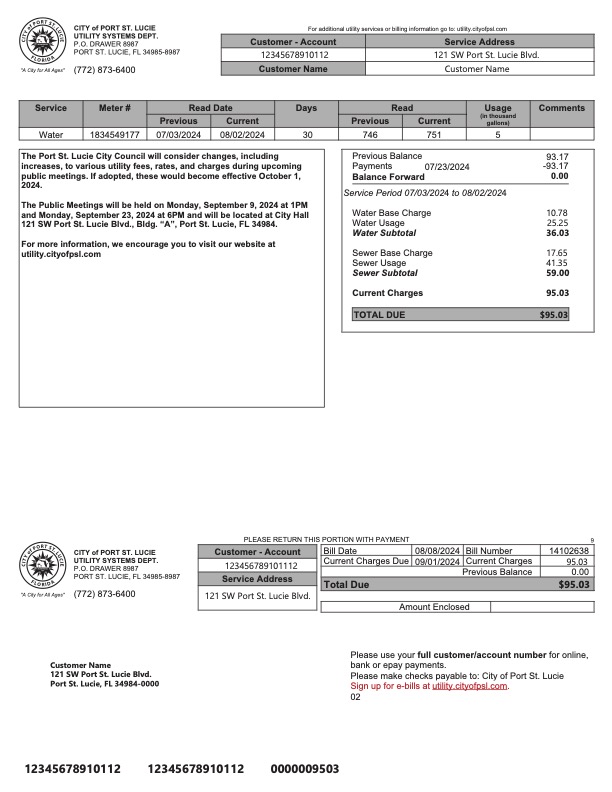 Sample bill showing proposed rate increase